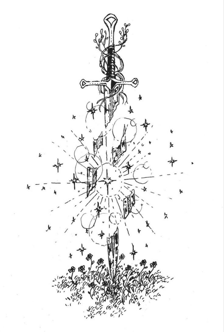 a black and white drawing of a cross on top of a tree with stars around it