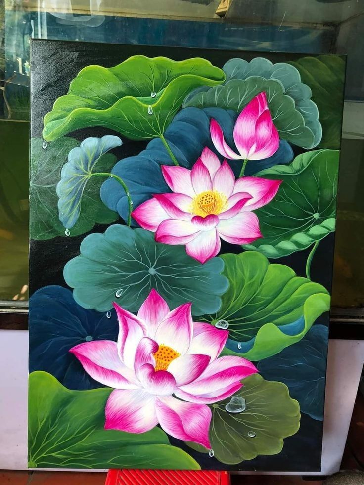 a painting of pink flowers and green leaves