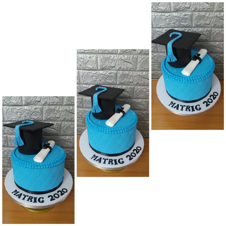 two cakes with graduation caps and tassels on them, one is blue and the other is white