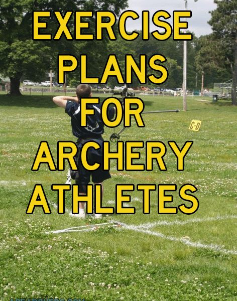 an image of a person practicing archery on the field with text overlay that reads exercise plans for archery athletes