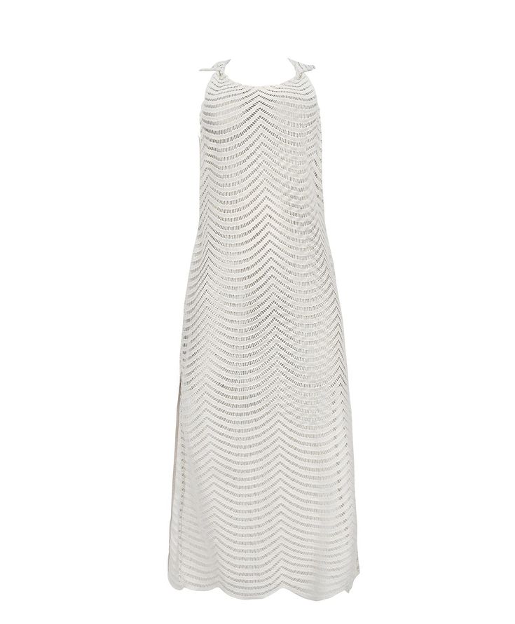 This finely crafted, woven cover up dress is the ideal addition to your wardrobe when searching for the perfect sunny spot to dock. Its loose fitting and breezy nature delivers non-restricting comfort and the ideal amount of coverage. You’ll want to set sail in it again. Elegant Halter Neck Sundress For Beach, Elegant Halter Neck Beach Sundress, Chic White Maxi Length Cover-up, Sleeveless Beachwear Dresses For Resort, Unlined Sundress Midi Dress For Vacation, White Crochet Beachwear Dress For Poolside, Sleeveless Unlined Dress For Beach Cover-up, Unlined Midi Dress For Vacation, White Crochet Dress For Poolside In Spring