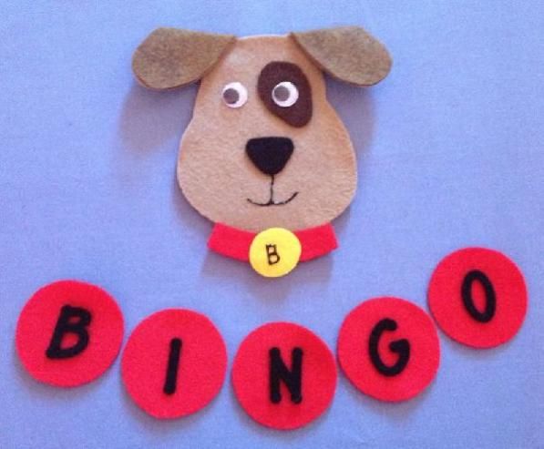 a dog made out of felt with the word bingo on it