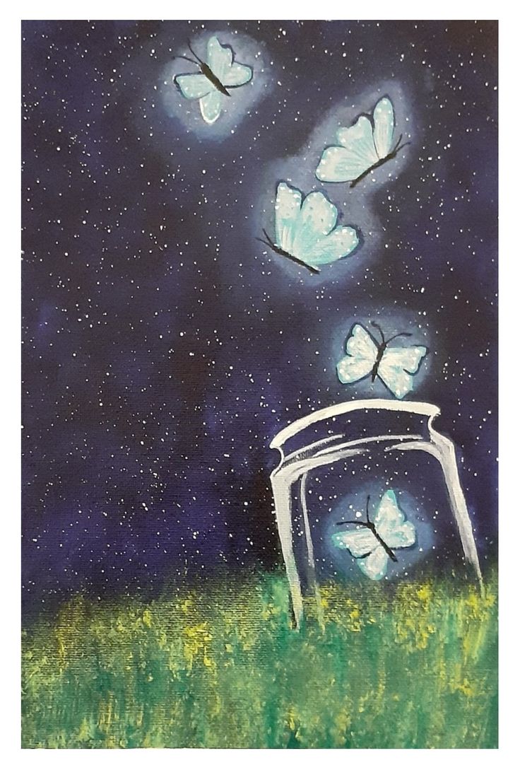 a painting of butterflies flying in the night sky