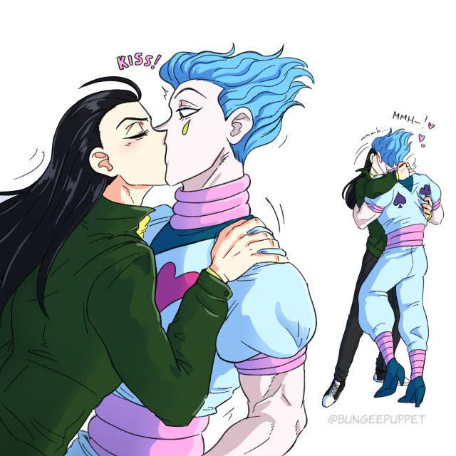 two cartoon characters are kissing each other while one is wearing blue hair and the other has black