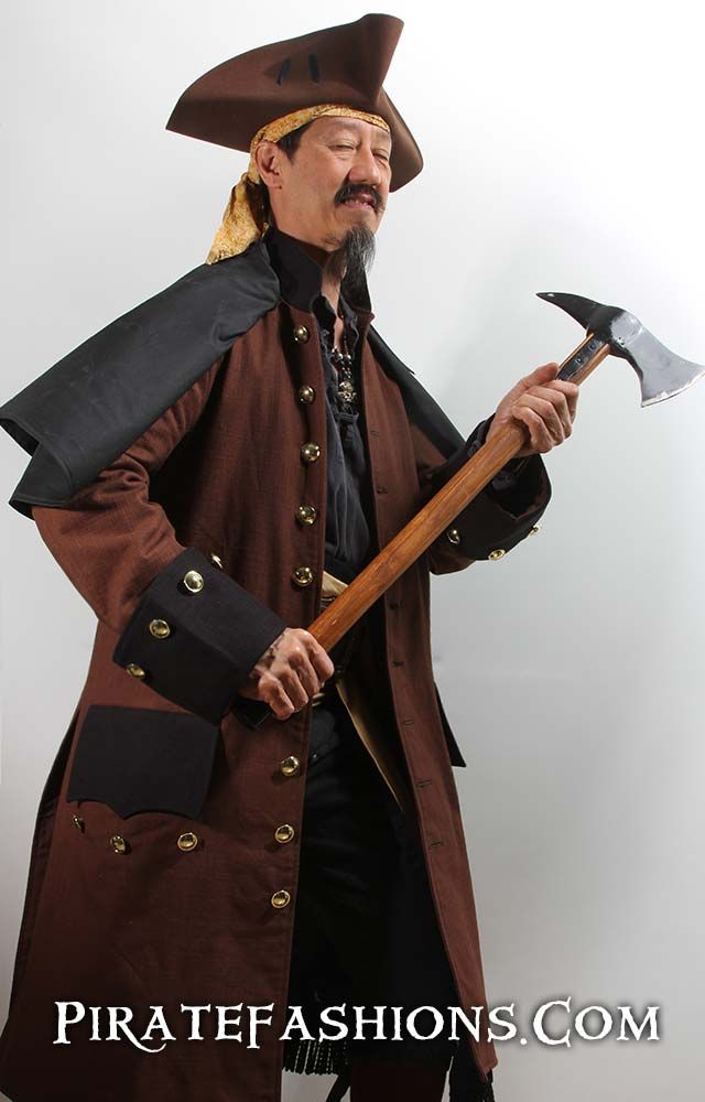 Stormy Weather Pirate Coat – Pirate Fashions Viking Style Outerwear Costume For Fall, Medieval Style Cape For Costume Party, Medieval Cape Outerwear For Costume Party, Steampunk Outerwear For Fantasy Events In Fall, Viking Costume Outerwear For Fall, Brown Costume Outerwear With Buttons, Viking Style Fall Costume Outerwear, Fall Fantasy Event Long Coat Outerwear, Medieval Style Outerwear For Cosplay With Buttons