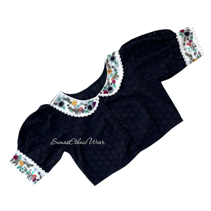 Indulge in traditional yet modern style like this Hakoba Collar embroidered blouse. It has a high Neck on back and Embroidery on sleeves. Item : Blouse Material : Hakoba Cotton Size fits 36/42 ( Margins Included) Colour : Black Sleeve length : 9.5 inches Puff Sleeves Back Neck : High Neck, Front Neck : 6.5 inches - Collar Neck Padding : No Lining : Yes  Blouses are designed in-house from SumasEthnicWear  Care : Hand wash separately | line dry in shade | warm Iron Note: Minor colour differences p Embroidered Black Blouse For Eid, Black Blouse Piece With Embroidered Border, Black Semi-stitched Blouse Piece With Resham Embroidery, Collar Blouse Designs, Hakoba Blouse, Semi-stitched Black Blouse Piece With Intricate Embroidery, Black Embroidered Top With Collar, Saree Blouses, Collar Neck