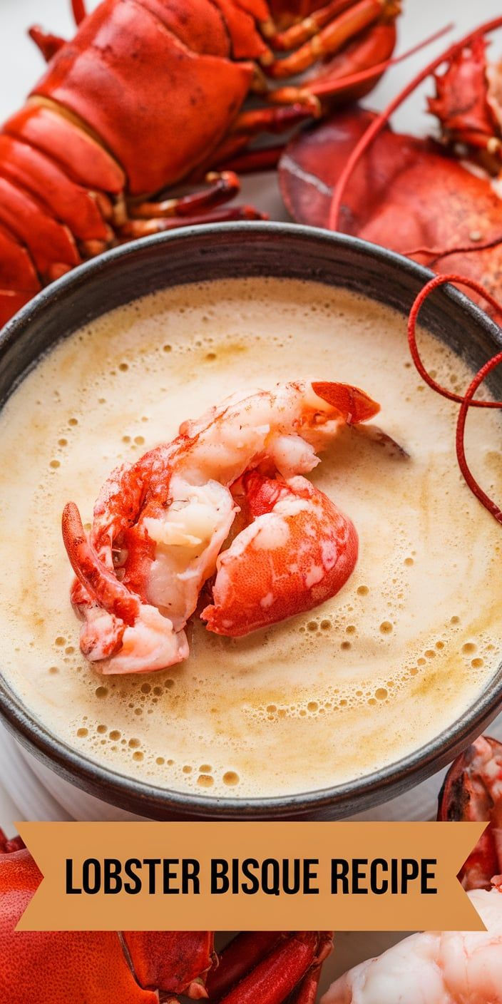 lobster bisque recipe in a bowl with shrimp on the side and text overlay that reads lobster bisque recipe