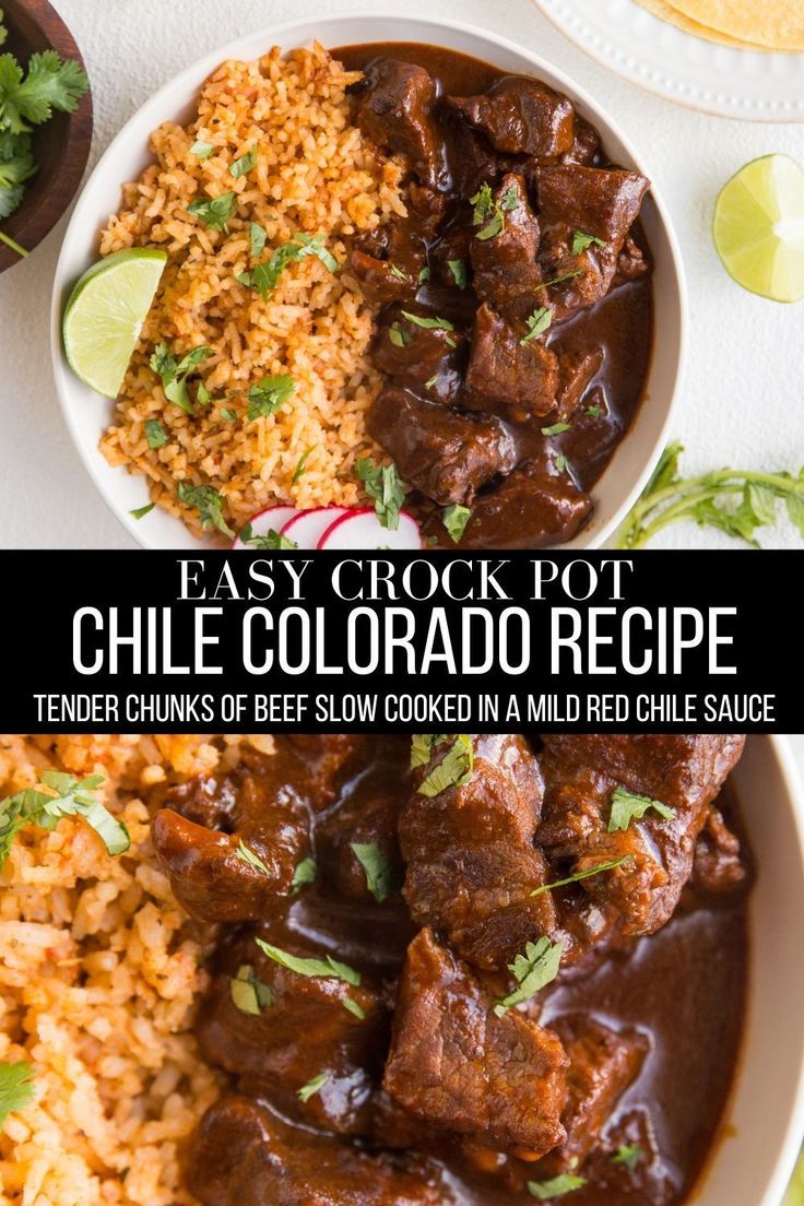 easy crock pot chili colorado recipe with rice and cilantro on the side