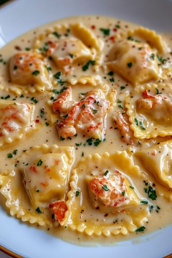 a white plate topped with ravioli covered in cheese and shrimp meatballs, garnished with parsley