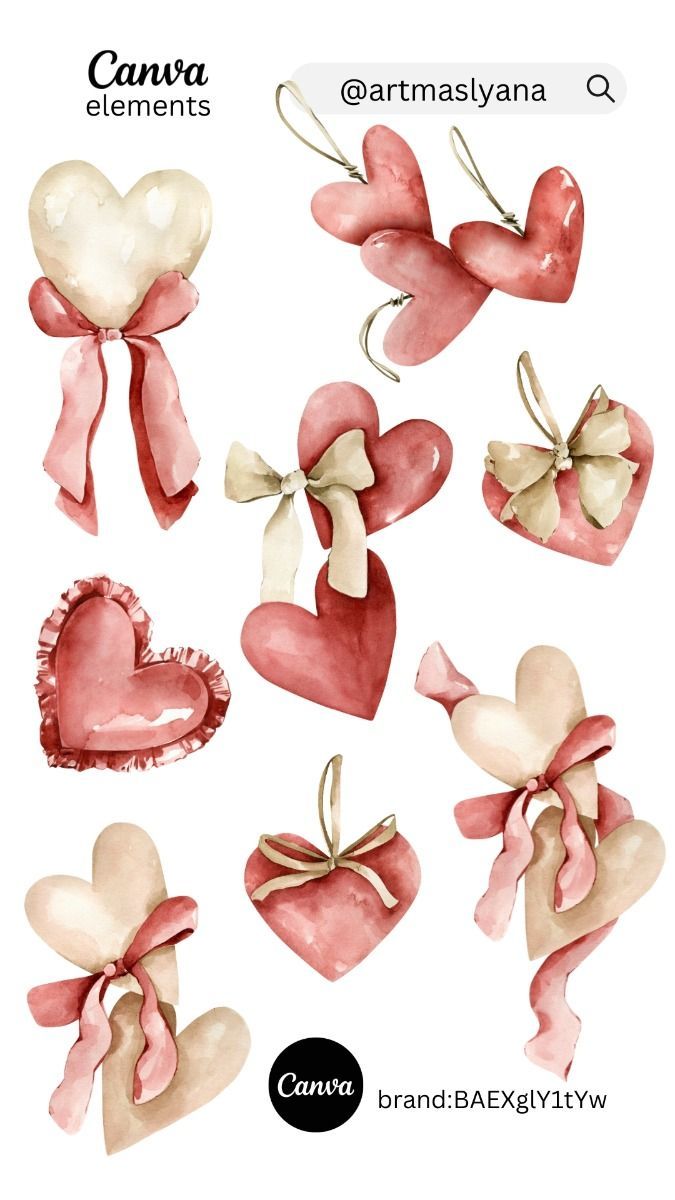 watercolor hearts with bows and ribbons are shown in pinks, creams and browns