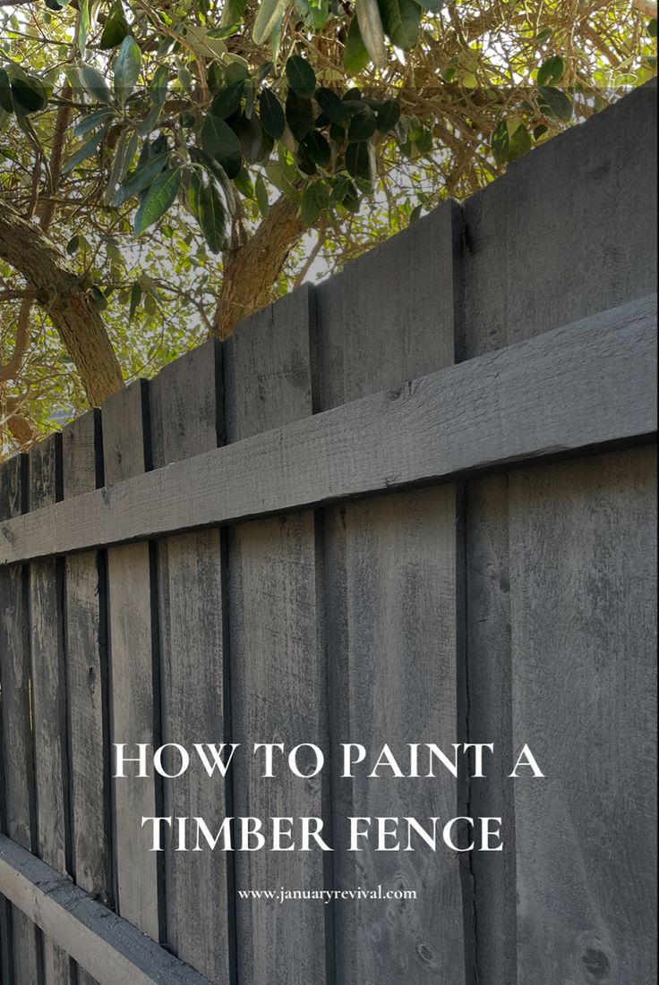 Image features a timber fence which has been painted black using a Wagner spray gun. The text overlay says ‘how to paint a timber fence like a pro’. Dark Painted Fence, Grey Wood Fence, Paint Old Fence, Gray Fence Backyard, Charcoal Grey Fence Paint, Grey Wooden Fence, Painting Backyard Fence, Fence Paling Ideas, Painted Timber Fence