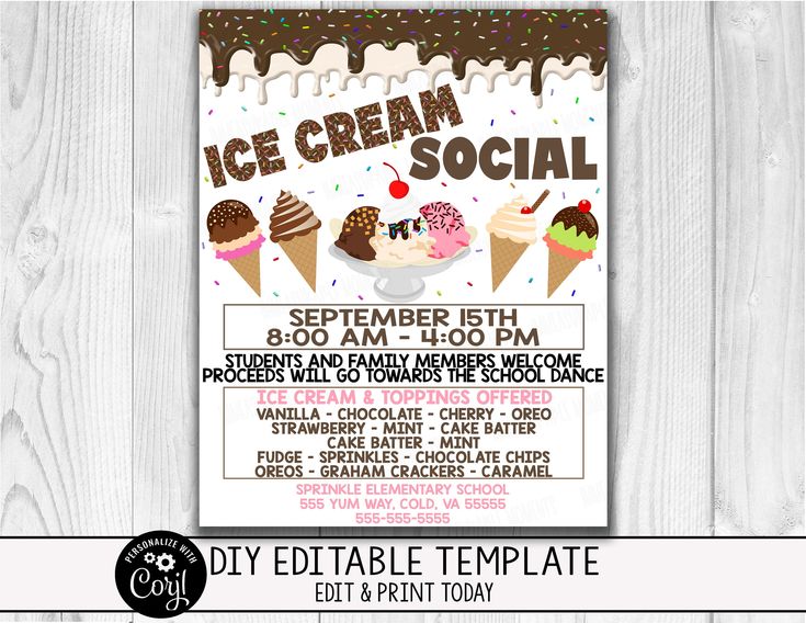 an ice cream social flyer with three scoops of ice cream and two scoops of sprinkles