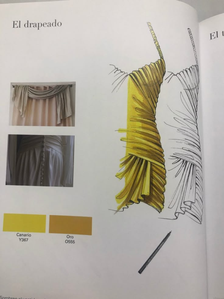 an open book with different colors and designs on the pages, including yellow pleated dresses