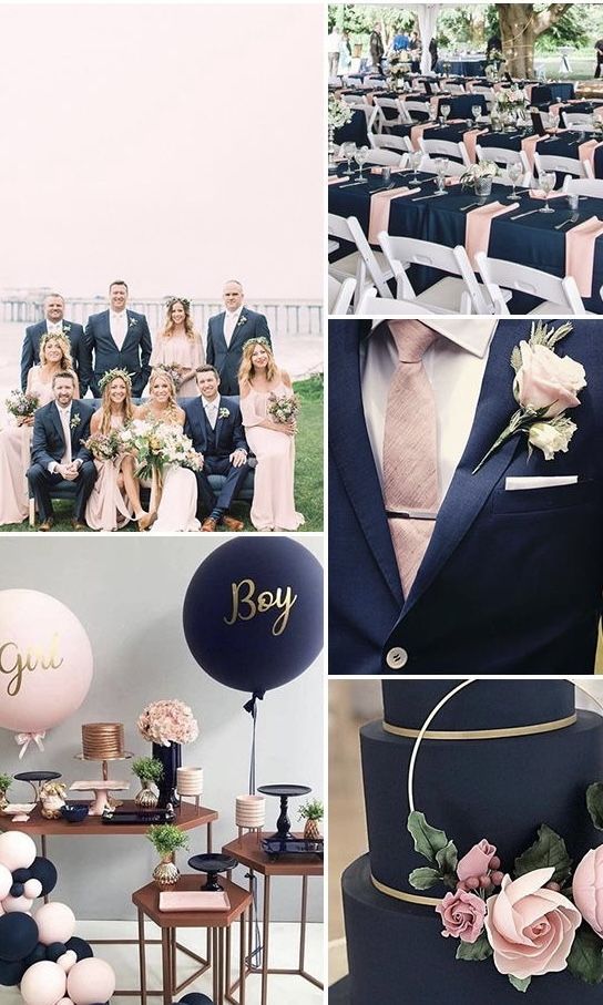 a collage of photos with balloons, flowers and wedding party decorations in pink and blue