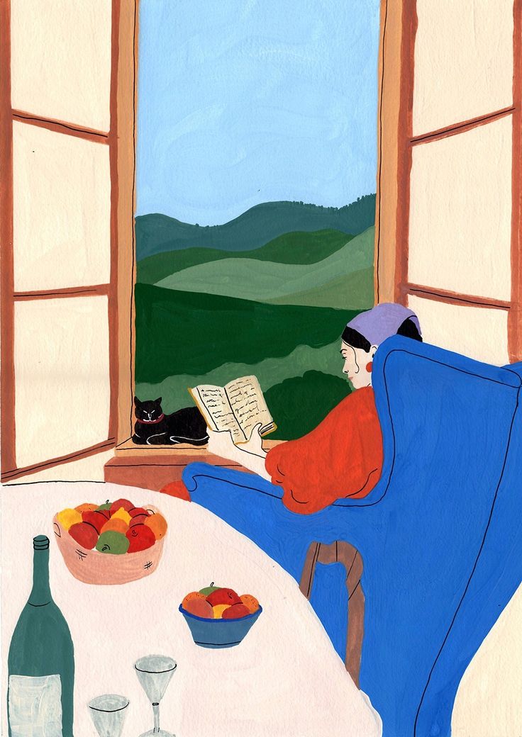 a painting of a person sitting at a table with food and wine in front of an open window