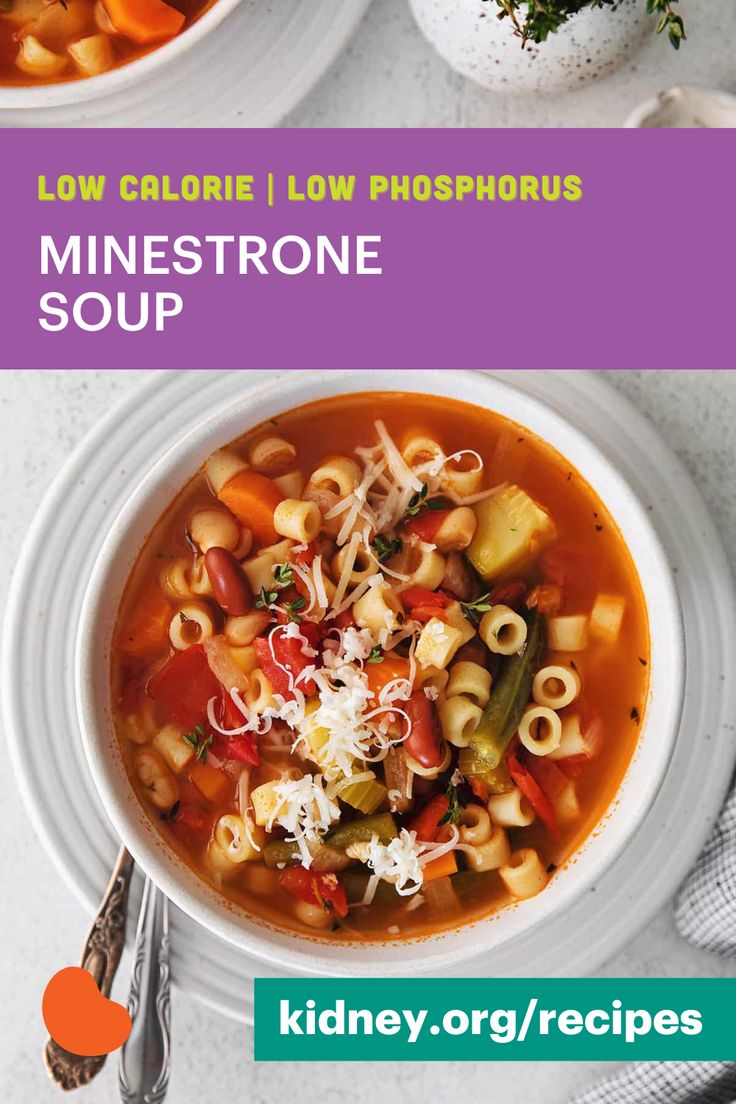 two bowls of minestone soup with text overlay reading low calorie low phosphorous