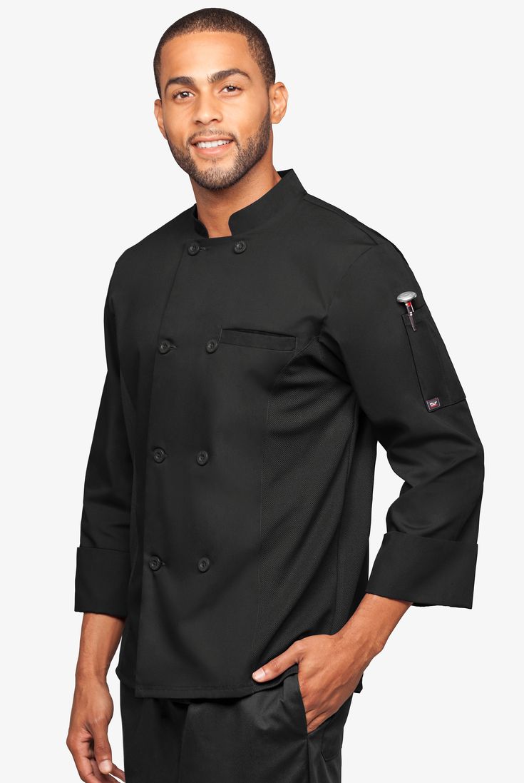 This chef coat keeps it simple with light fabric and easy double-breasted styling. Breathable mesh side panels. Stand collar. ¾ sleeves with turnback cuffs. A center back vent for ease. You don’t fade when the heat is on – and neither will Chef Lightweight. Crisp blended fabric won’t weigh you down, stays cool and vibrant wash after wash. • Classic fit • Stand collar • Double breasted • Button closure • Total of 2 pockets • 1 single-welt chest pocket • 1 thermometer pocket on left sleeve • ¾ sle Professional Long Sleeve Outerwear With Welt Pockets, Long-sleeved Uniform Outerwear With Pockets, Uniform Style Long Sleeve Outerwear With Pockets, 3/4 Sleeve Outerwear With Button Closure For Work, Uniform Style Outerwear With Pockets, Double-breasted Uniform Outerwear With Pockets, Professional Long Sleeve Solid Outerwear, Professional Solid Long Sleeve Outerwear, Professional Long Sleeve Outerwear With Double Button Closure