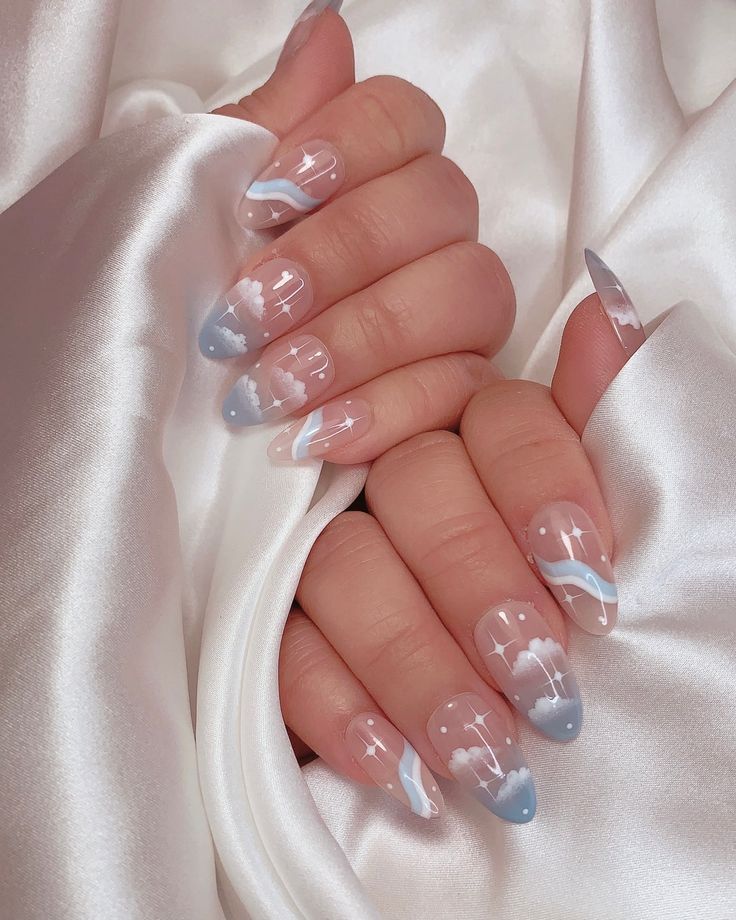 April Nail Ideas 2024, Korean Oval Nails, Korean Nail Art Aesthetic Almond, Blue Cute Nails, Blue Nails Almond, Cleaning Nails, Cloud Nails, Prom Nail Designs, Diy Prom