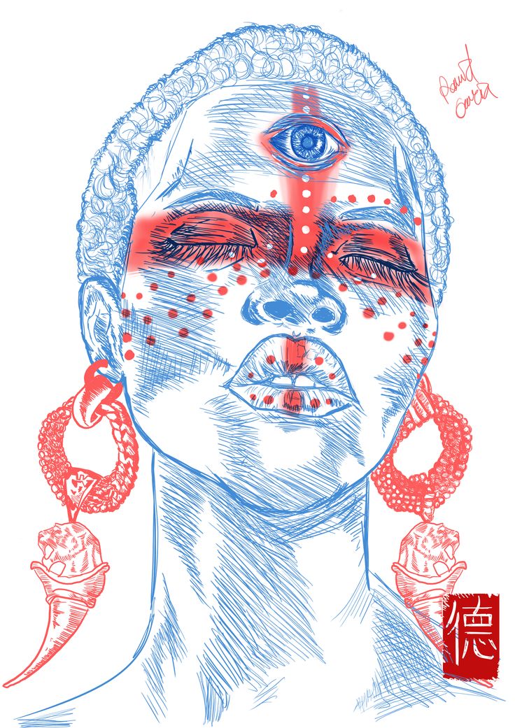 a drawing of a woman's face with red, white and blue lines on it