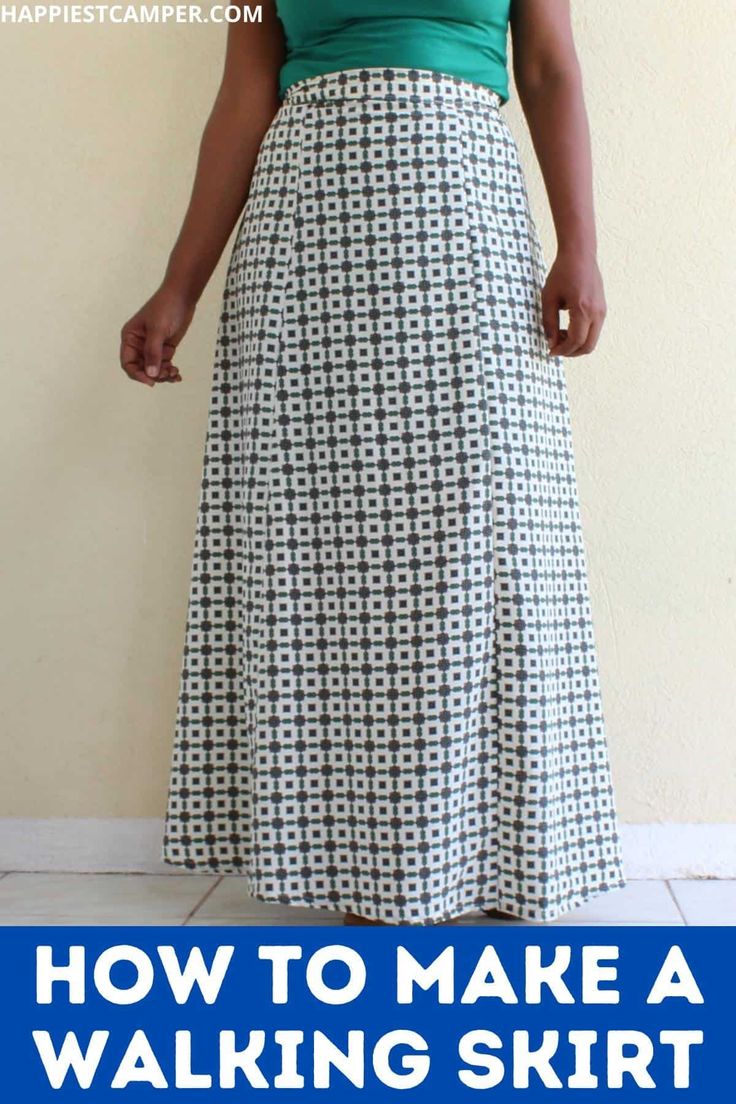 a woman standing in front of a wall with the words how to make a walking skirt