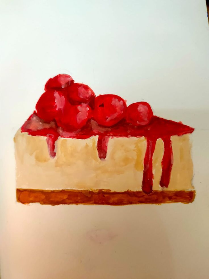 a painting of a piece of cheesecake with cherries on top and drizzled in red