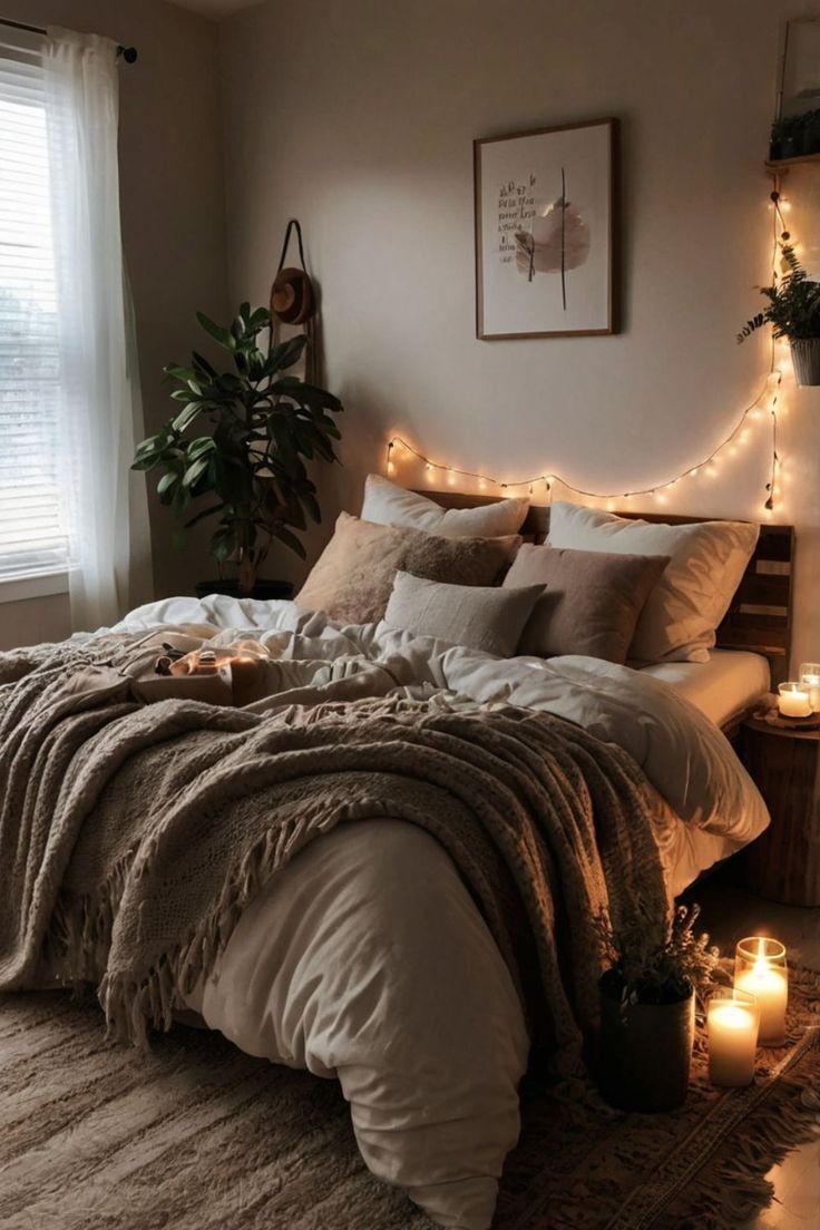 Elegant cozy bedroom with luxurious elements and cozy touches White And Brown Bedding Aesthetic, Comfy Bed Inspo Aesthetic, Cozy Themed Bedroom, Simple Cozy Apartment Aesthetic, Bedroom Ideas Bed In Corner, Garfield Bedroom, Cosy Bed Aesthetic, Make Bedroom Cozy, Clean Cozy Bedroom Aesthetic