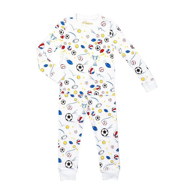 a baby's footie pajamas with soccer balls and stars on it, all in white