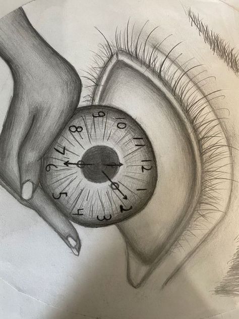 a pencil drawing of an eye with a clock in it