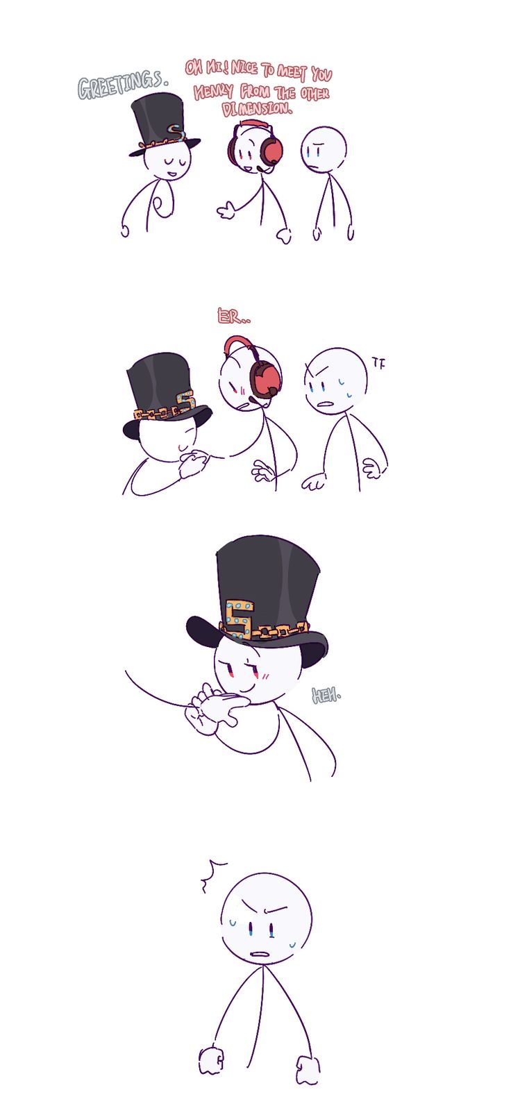 some cartoon characters with different expressions on their faces and hands, one is wearing a top hat