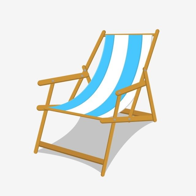 a beach chair with blue and white stripes on the back, sitting in front of a white background