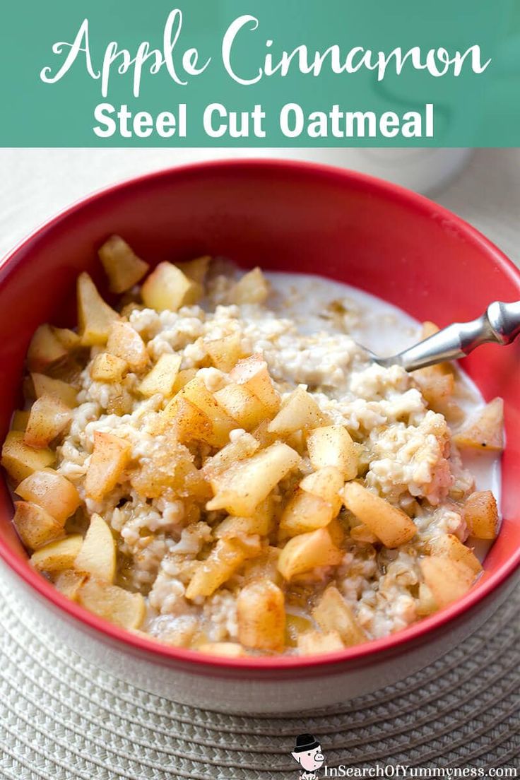 an apple cinnamon steel cut oatmeal in a red bowl