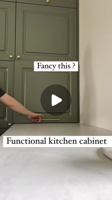 a woman standing in front of a kitchen counter with the words fancy this? functional kitchen cabinet