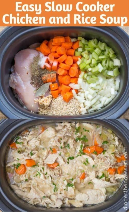 two bowls filled with chicken, carrots and rice next to the words easy slow cooker chicken and rice soup