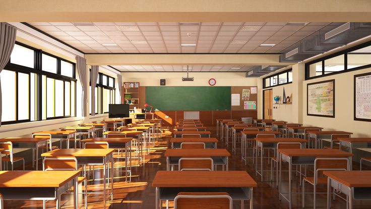 an empty classroom with desks and chairs