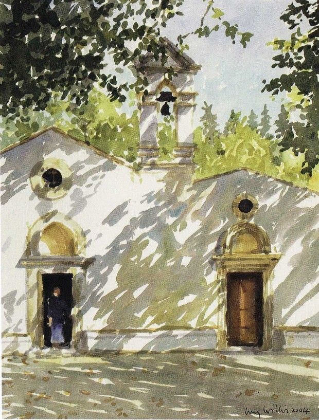 a painting of a church with two bell towers