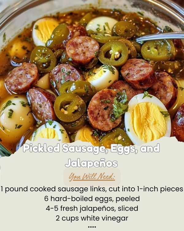 pickled sausage, eggs and jalapenos in a bowl with text overlay