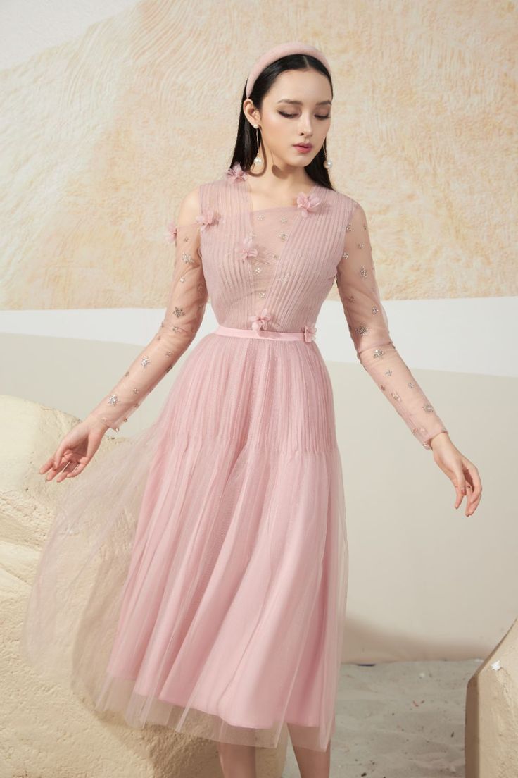 Schwim Long Sleeves Dress MEAN BLVD Skirt Mesh, Sheer Midi Dress, Happy Clothes, Long Sleeves Dress, Mean Blvd, Korean Fashion Dress, Sleeves Dress, 3d Flowers, Design Dress