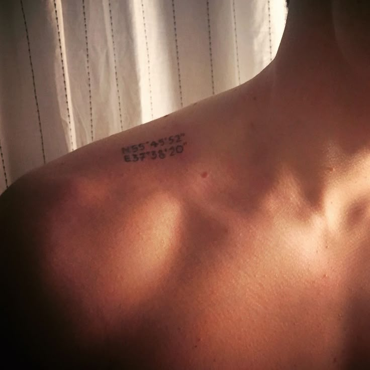 the back of a man's shoulder with an inscription on it that reads,