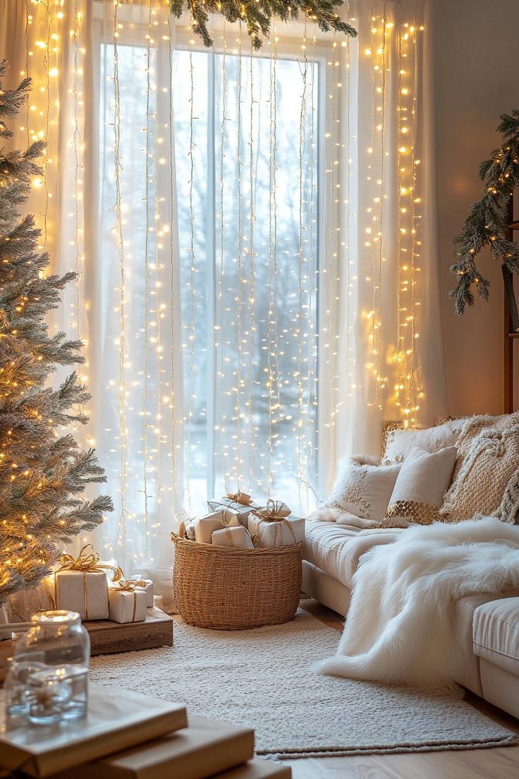 christmas lights Curtain Lights Christmas Decor, Christmas Lights On Ceiling, Curtain Christmas Decor, String Lights Living Room, Cozy Lighting Ideas, Winter Interior Design, Christmas Lights Inside, Diy Lighting Ideas, Fairy Lights Christmas