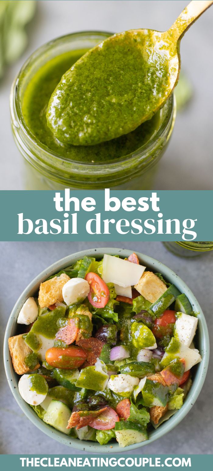 the best basil dressing recipe is in a bowl with a spoon and it's ready to be eaten