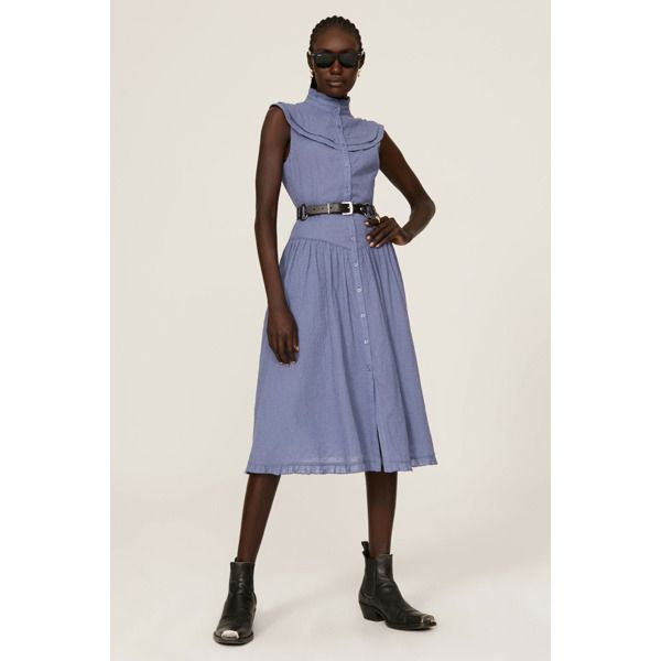 Blue cotton (100% Cotton). Lining (100% Cotton). Hourglass. Collared neckline. Sleeveless. Front button closure. 45.5" from shoulder to hemline. Imported. Eyelet Midi Dress, Midi Dress Blue, Pamela Love, Rent The Runway, Closet Designs, Love Blue, Blue Midi Dress, Dress Blue, High Waisted Skirt