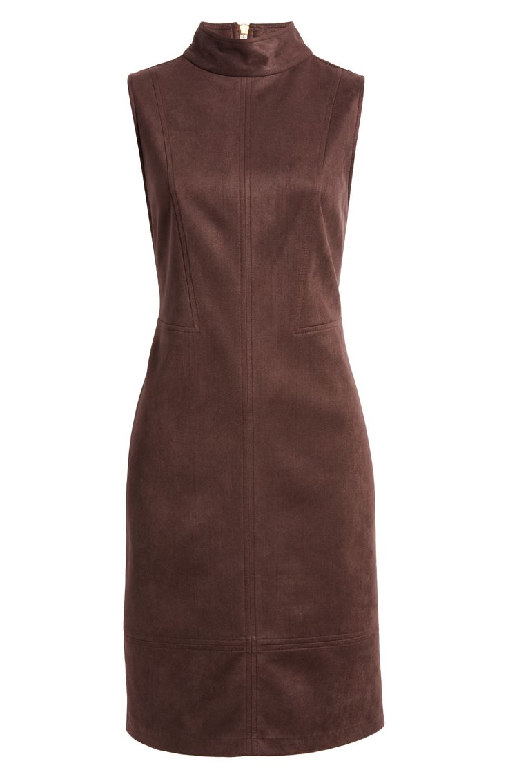 An exposed back zipper reinforces the polished aesthetic of a sleeveless sheath sewn with structured seams. 38 1/2" length (size Medium) Mock neck Sleeveless 93% polyester, 7% spandex Machine wash, tumble dry Imported Sleeveless Stretch Mini Dress For Work, Lined Stretch Mini Dress For Work, Stretch Lined Mini Dress For Work, Sleeveless Workwear Dress With Side Zipper, Sleeveless Work Dresses With Side Zipper, Structured Sleeveless Dress For Work, Chic Stretch Sleeveless Dress For Work, Sleeveless Mini Dress With Side Zipper For Work, Chic Sleeveless Knee-length Dress With Side Zipper