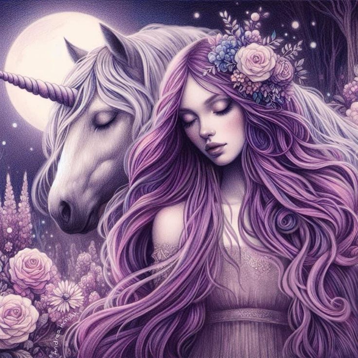 a painting of a woman with long purple hair next to a white unicorn and flowers