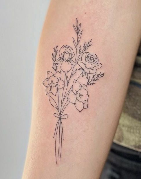 Tattoo Bouquet, Birth Flower Bouquet Tattoo, Flower Bouquet Tattoo, Birth Flower Bouquet, Bouquet Tattoo, Poppies Tattoo, Birth Flower Tattoos, Red Tattoos, Flower Boutique