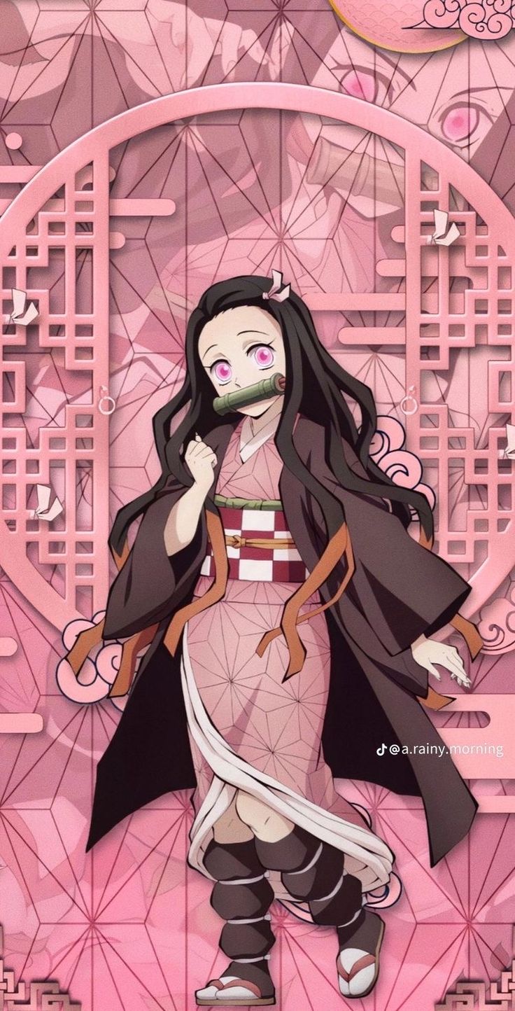 an anime character is standing in front of a pink background with geometric shapes and flowers