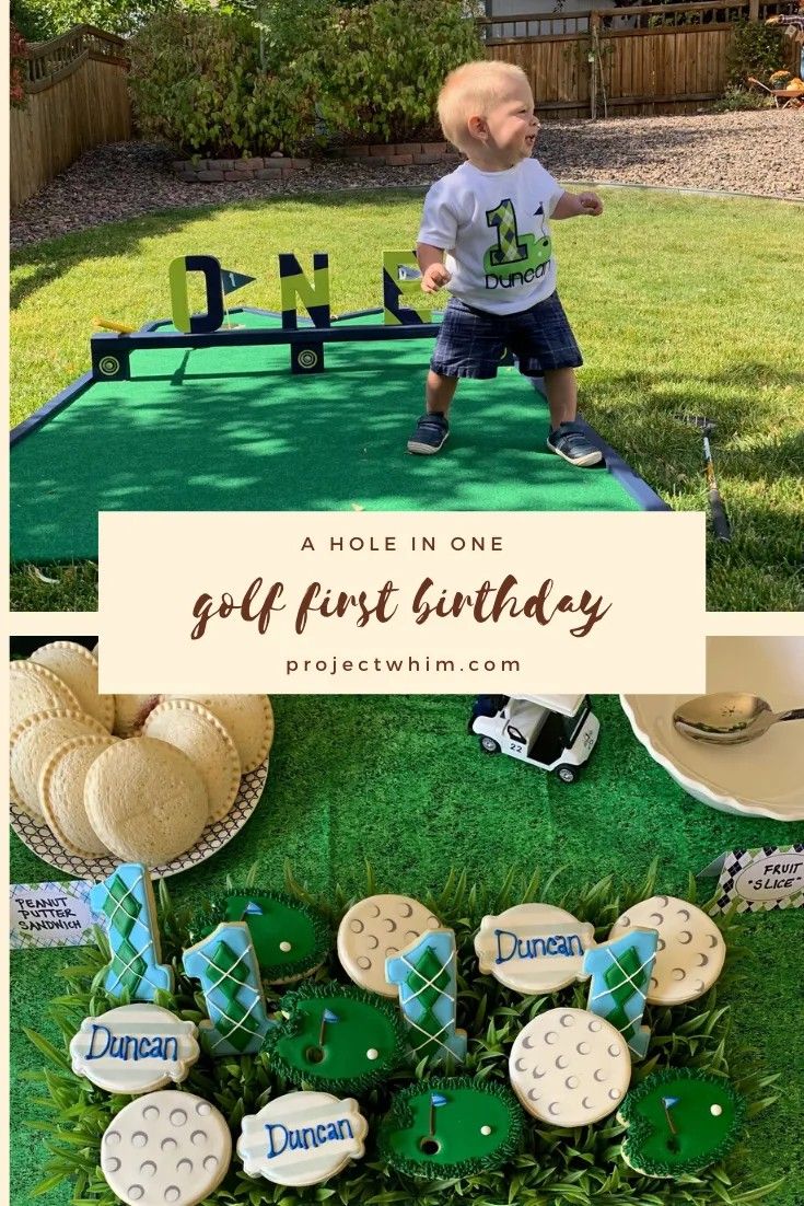 a little boy standing on top of a lush green field next to cookies and grass