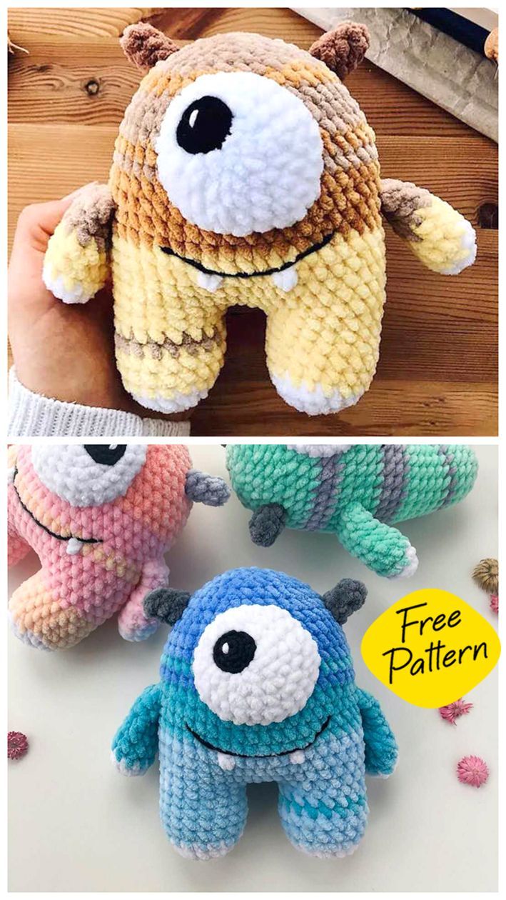 three different stuffed animals made out of crocheted yarns, one with eyes and the