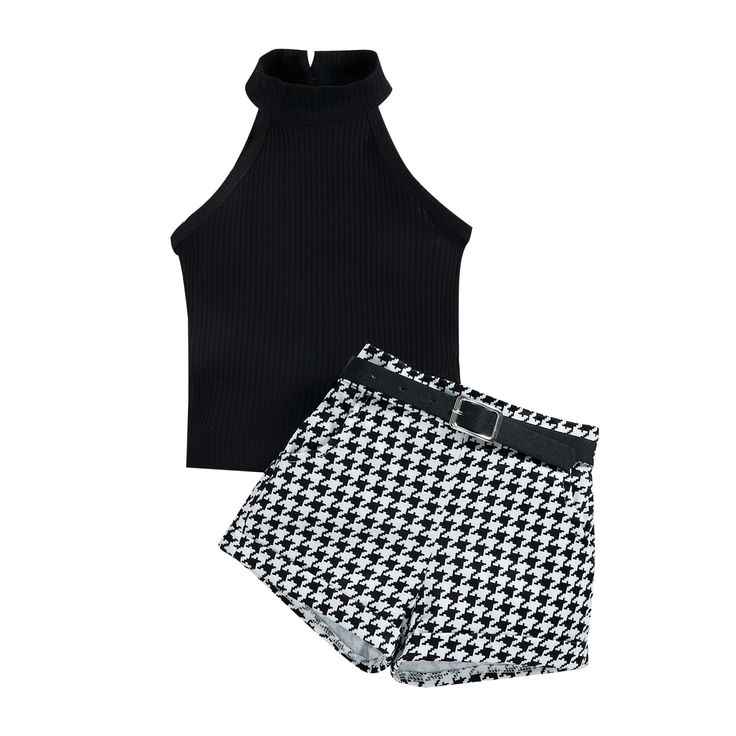 Black / 2-3T Ribbed Solid Color Tank Tops+Plaid Shorts High Neck Sleeveless Top, Top And Shorts Set, High Neck Sleeveless, Plaid Shorts, Short Set, Vest Top, Outfit Set, Shorts Set