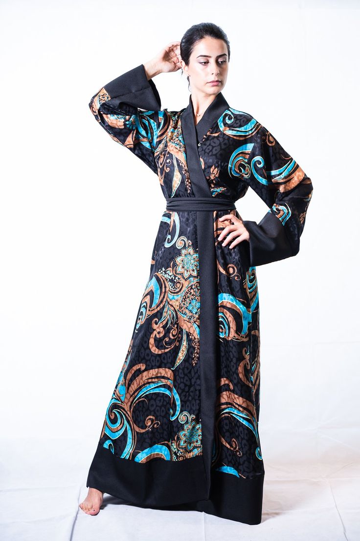 DESIGNER’S NOTE: Savor the softness and elegance of this luxuriously hand-finished black Silk kimono robe with an elegant mix of yellow gold, turquoise blue print, and a languid figure-skimming silhouette cut designed to enhance your curves. Enjoy elegant loungewear that makes each day feel special and It's CUSTOM MADE from XS-5XL, perfect for petite, plus sizes, and tall women! VERSATILE PIECE: Loungewear, dressing gown, dinner dress, cool cover-up, over jeans or leggings, evening wear, cocktai Fall Cocktail Dress, Elegant Loungewear, Copper Dress, Kimono Dressing Gown, Black Evening Gown, Cotton Lingerie, Embroidered Kimono, Silk Nightgown, Long Cocktail Dress