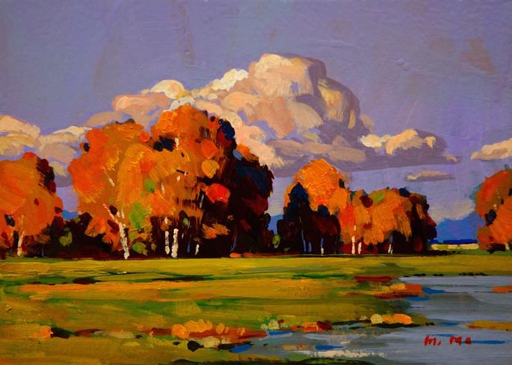 an oil painting of trees in the fall with water and clouds behind them, on a canvas